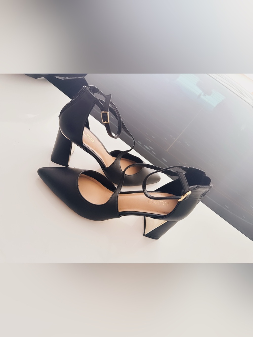 Aldo Black Ankle-Strap Block Heel Pumps